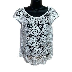 M Candies White Lace Silver Shimmer Blouse Short Sleeve Sheer Medium 7 9